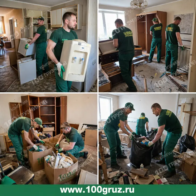 Грузчики выносят старую мебель и мусор из квартиры