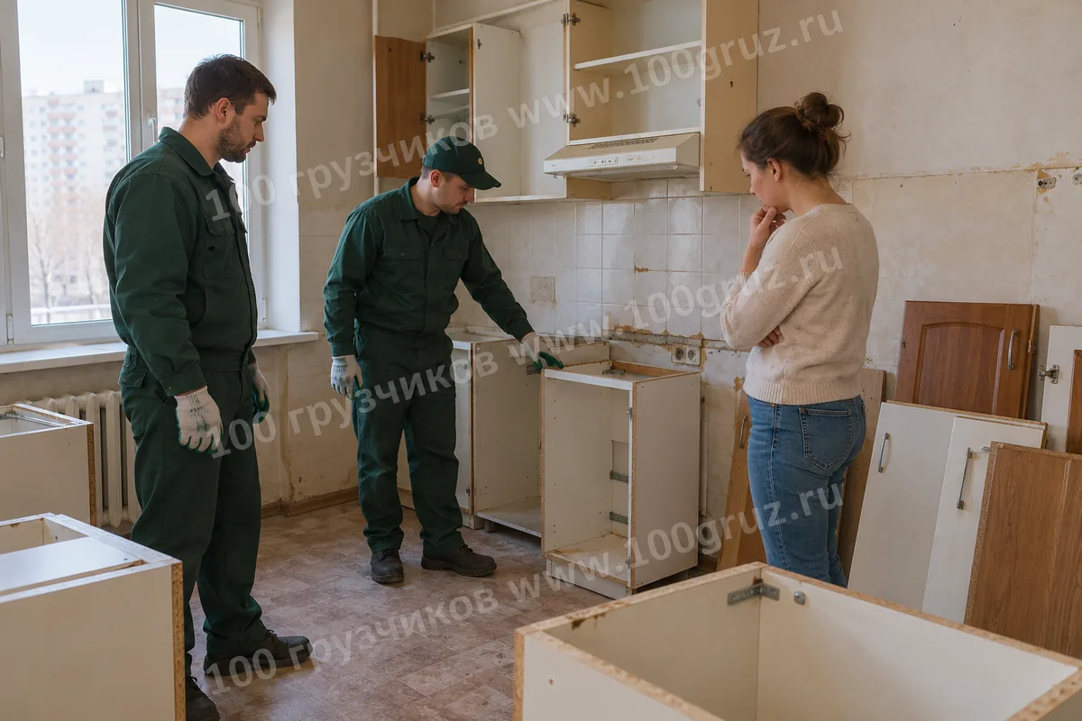 Грузчики осматривают старые кухонные шкафы после отключения коммуникаций Грузчики осматривают старые кухонные шкафы после отключения коммуникаций