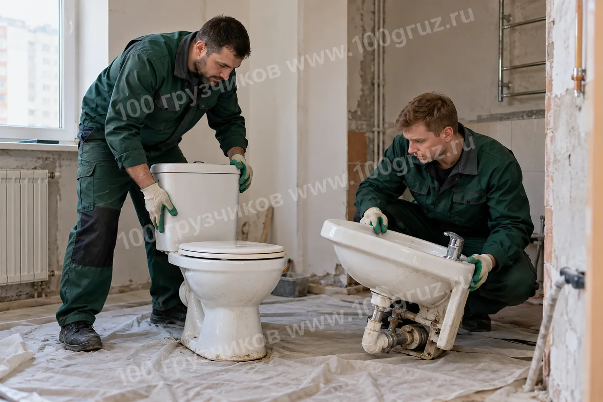 Снятые унитаз и раковина после ремонта ванной