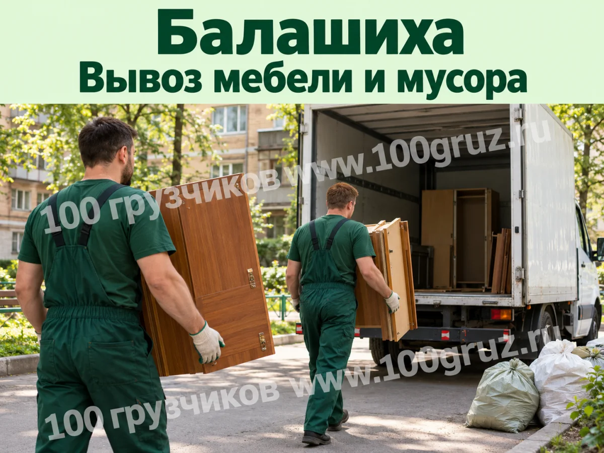 Вывоз мебели и мусора в Балашихе — погрузка деталей шкафа Грузчики несут детали шкафа к машине; вывоз мебели и мусора в Балашихе