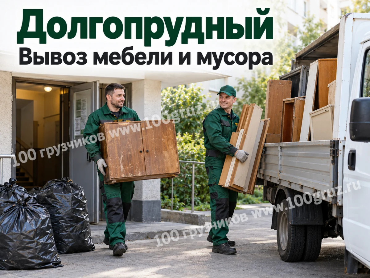 Вывоз мебели и мусора в Долгопрудном: грузчики выносят тумбу и деревянные панели к машине