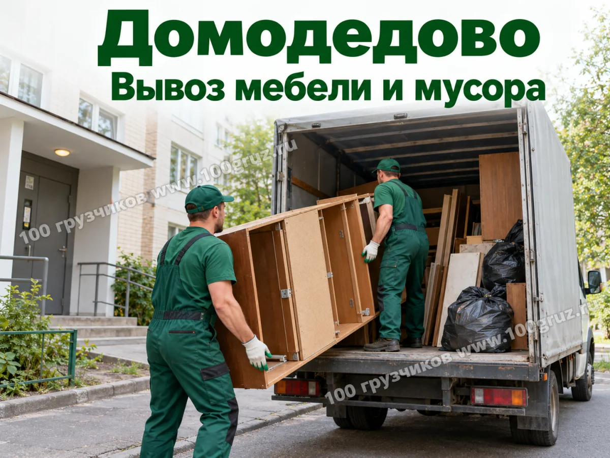 Вывоз мебели и мусора — Домодедово: грузчики загружают старый шкаф в грузовую машину