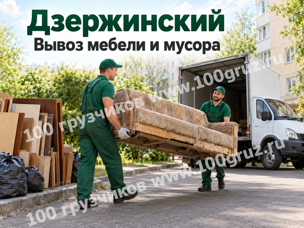 Вывоз мебели и мусора в Дзержинском: грузчики переносят старый диван к Газели