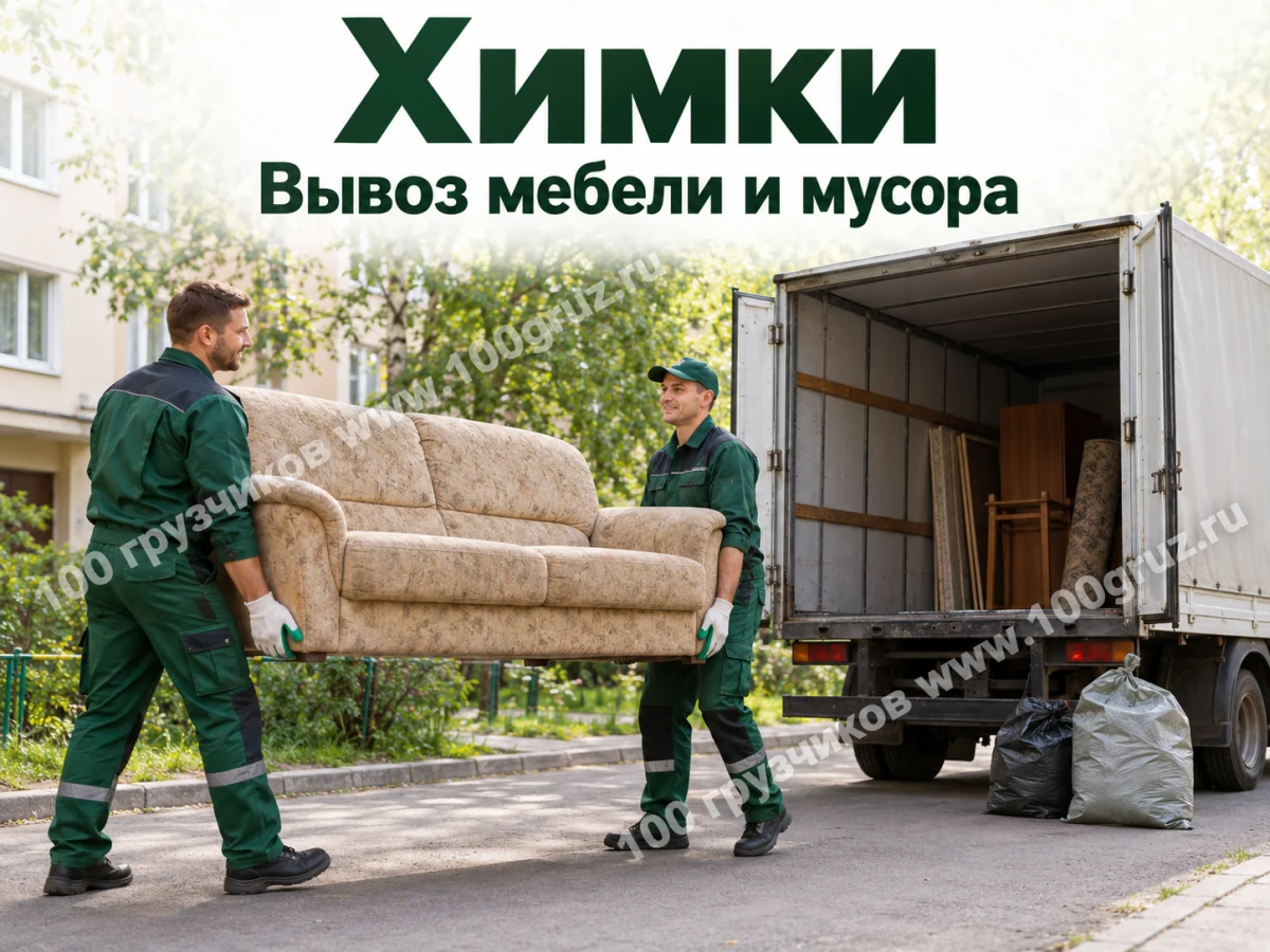 Вывоз мебели и мусора в Химках: грузчики несут старый диван к грузовой машине