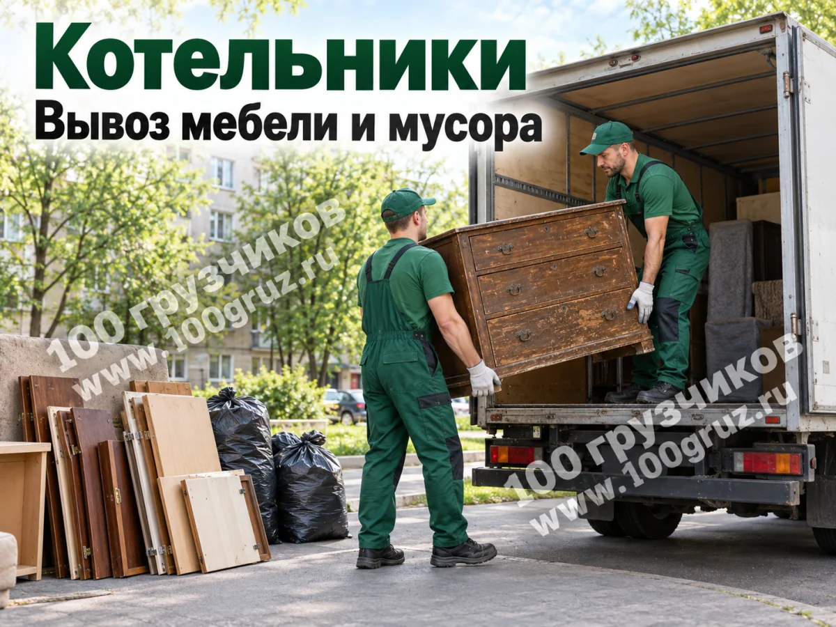 Вывоз мебели и мусора в Котельниках: грузчики загружают старый комод в машину