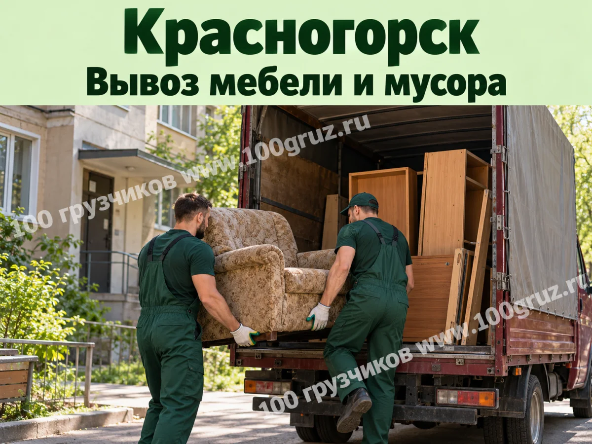 Грузчики загружают старое кресло в машину; вывоз мебели и мусора в Красногорске