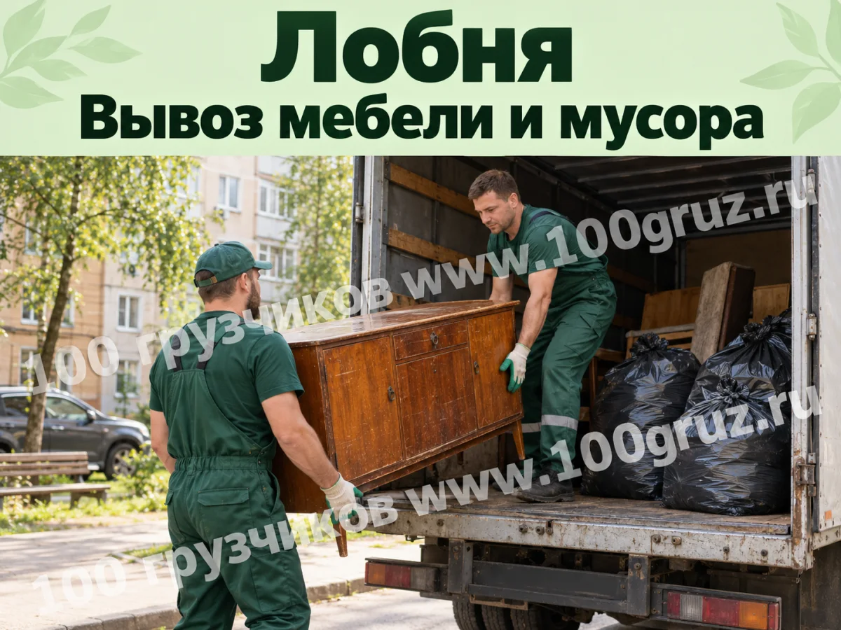 Грузчики загружают старый деревянный буфет в машину; вывоз мебели и мусора в Лобне