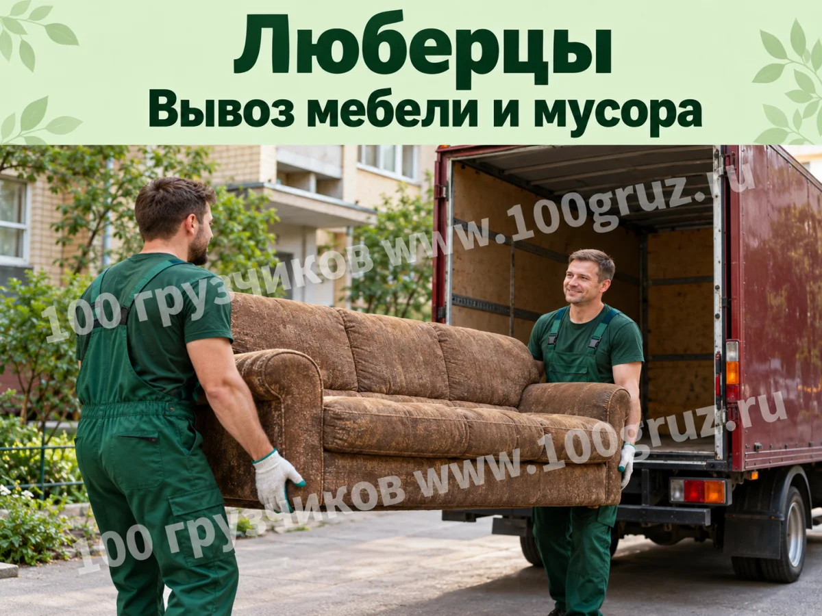 Грузчики загружают старый диван в машину; вывоз мебели и мусора в Люберцах