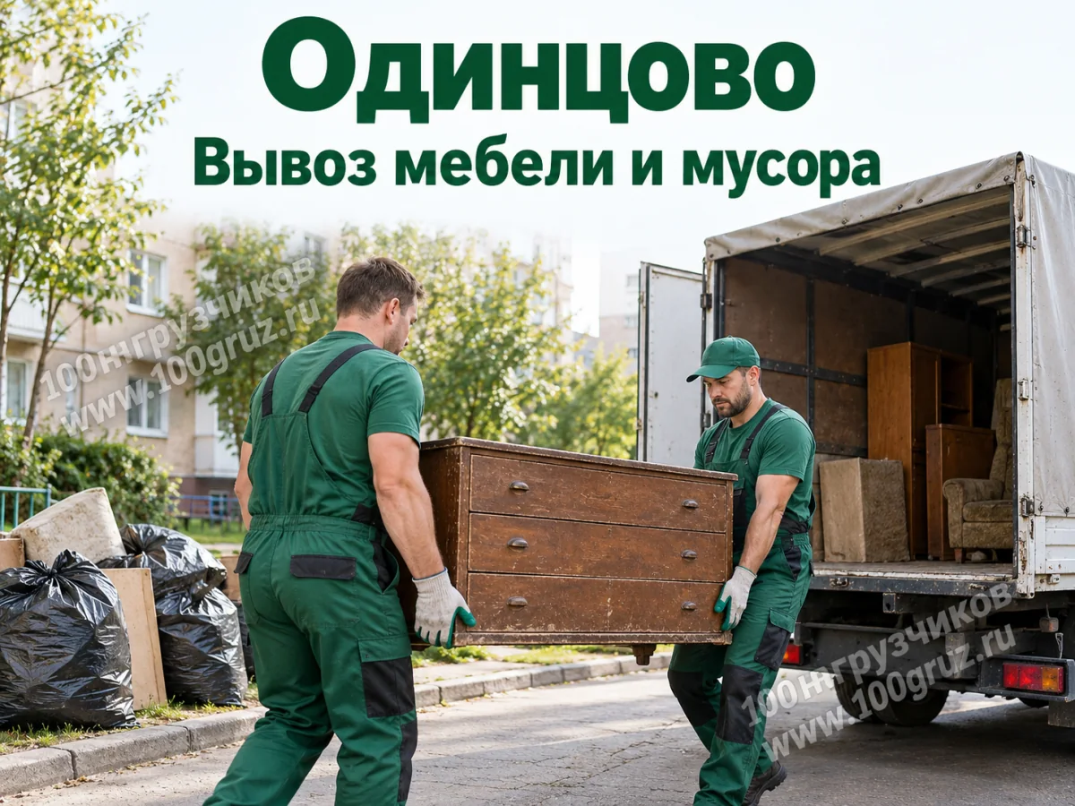 Вывоз мебели и мусора — Одинцово: грузчики переносят старый комод к машине