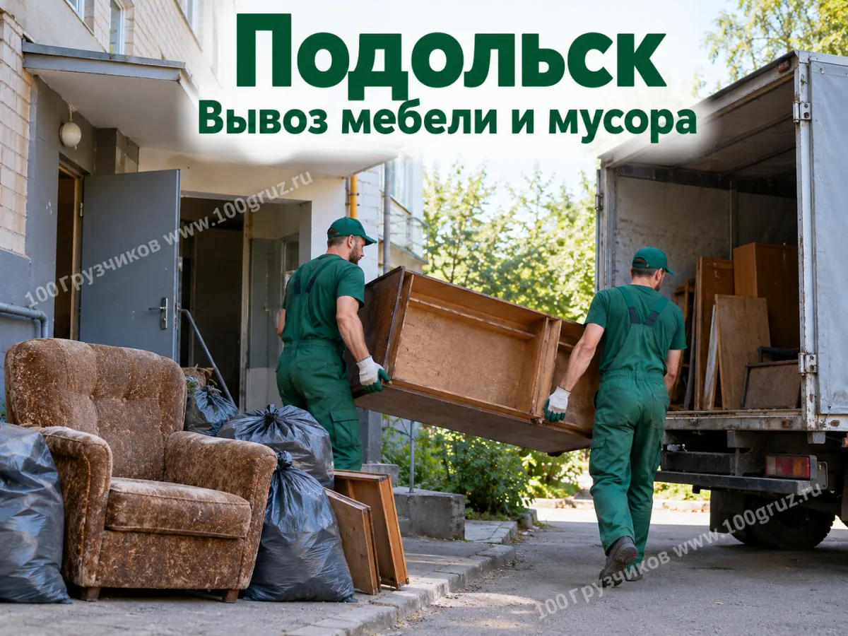 Вывоз мебели и мусора — Подольск: грузчики выносят детали мебели к машине