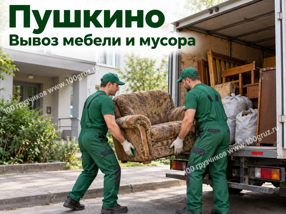 Вывоз мебели и мусора — Пушкино: грузчики загружают старое кресло в машину