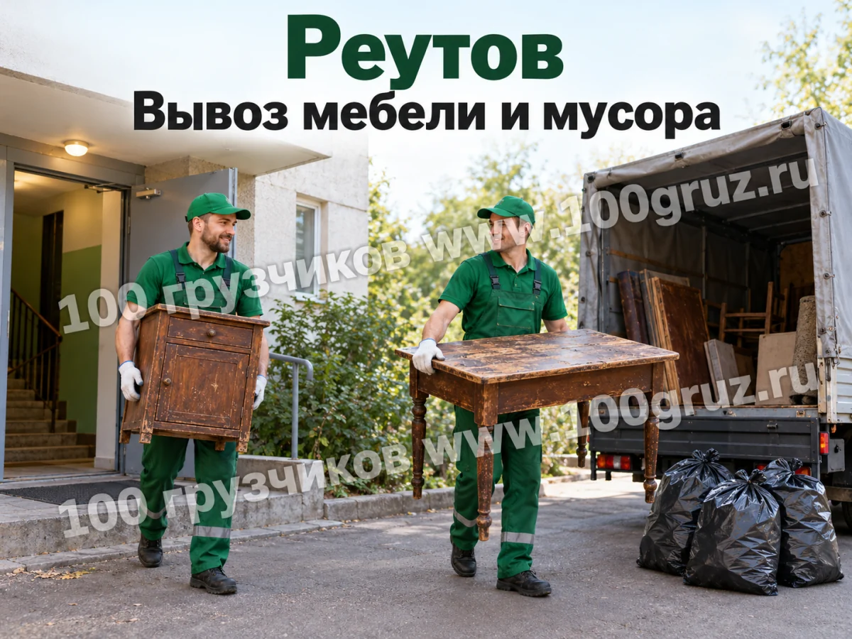Реутов — вывоз мебели и мусора с грузчиками Вывоз мебели и мусора в Реутове: грузчики несут старую тумбу и стол к машине