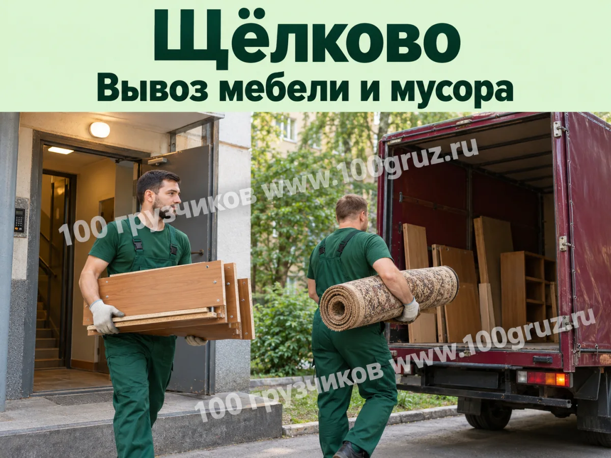 Грузчики несут детали мебели и свёрнутый ковёр к машине; вывоз мебели и мусора в Щёлкове