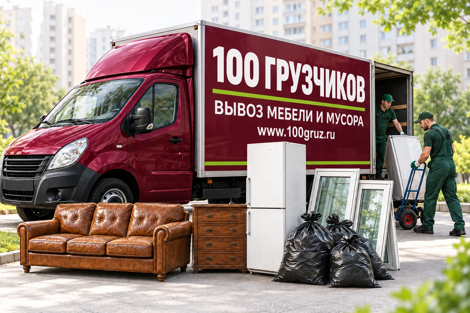 Бордовая грузовая машина, старая мебель и мешки с мусором; грузчики загружают технику