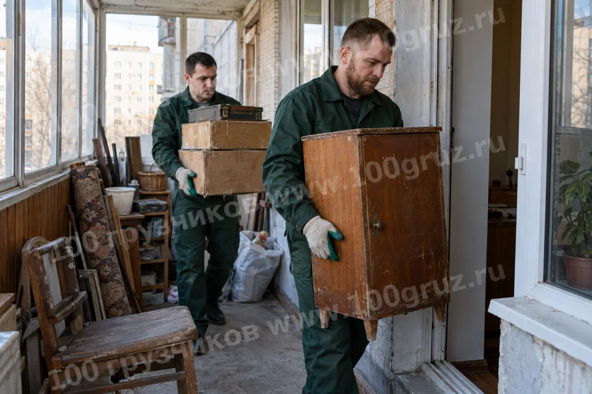 Грузчики выносят старую тумбу и коробки с застеклённого балкона