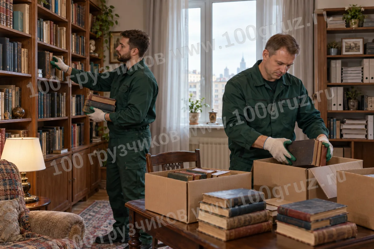 Грузчики снимают ненужные книги с полок и складывают в небольшие коробки