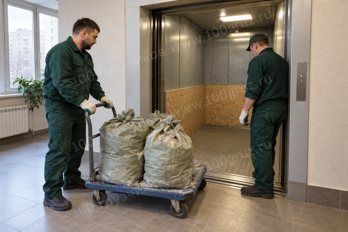 Грузчики готовят тележку с мешками к перевозке в защищённом грузовом лифте