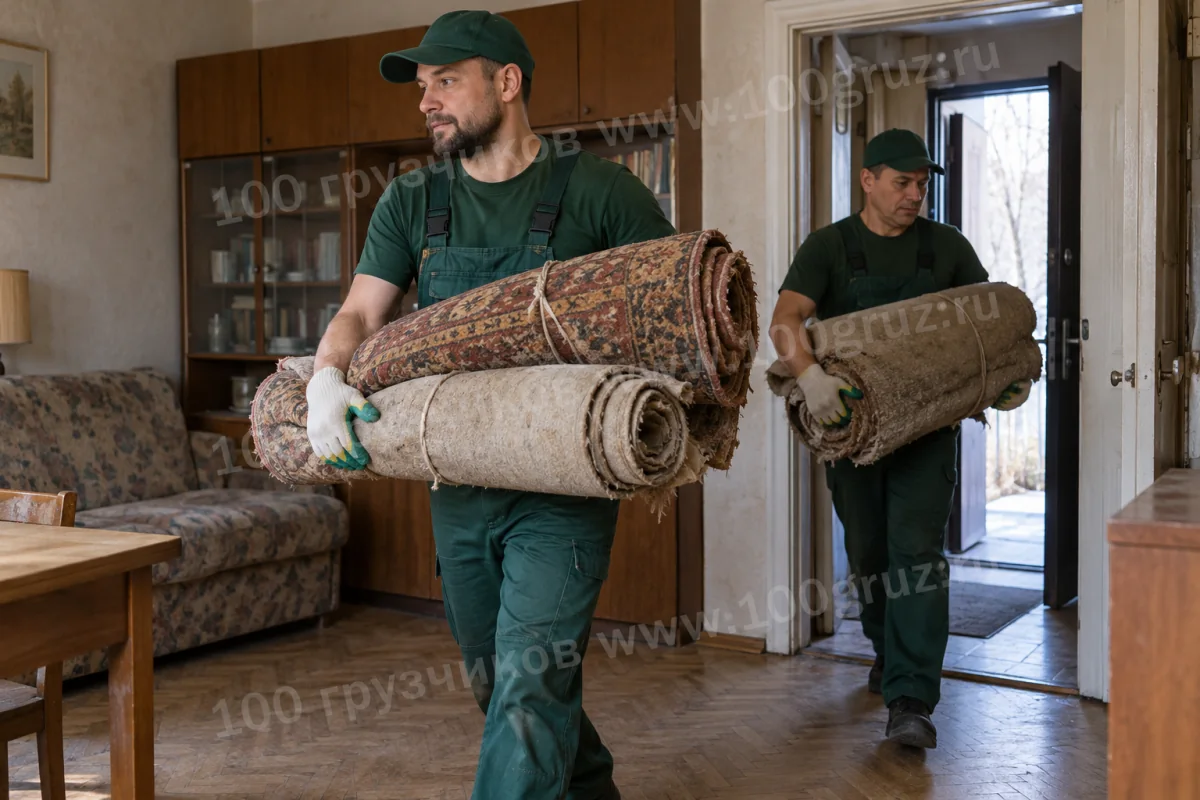 Грузчики выносят свёрнутые старые ковры из квартиры