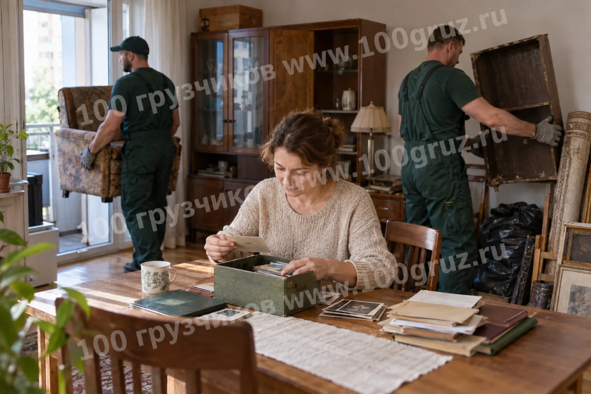 Владелица отделяет семейные документы и фотографии от вещей для вывоза