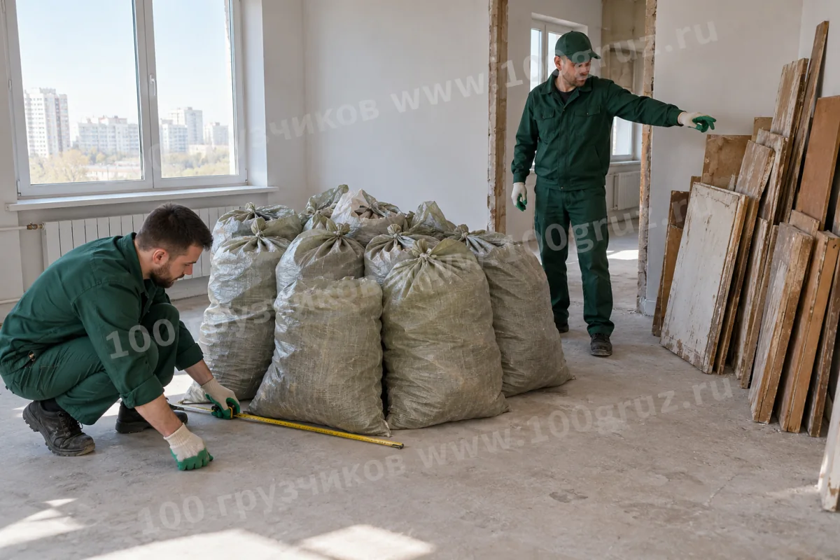 Работники оценивают размеры группы строительных мешков и оставшихся панелей
