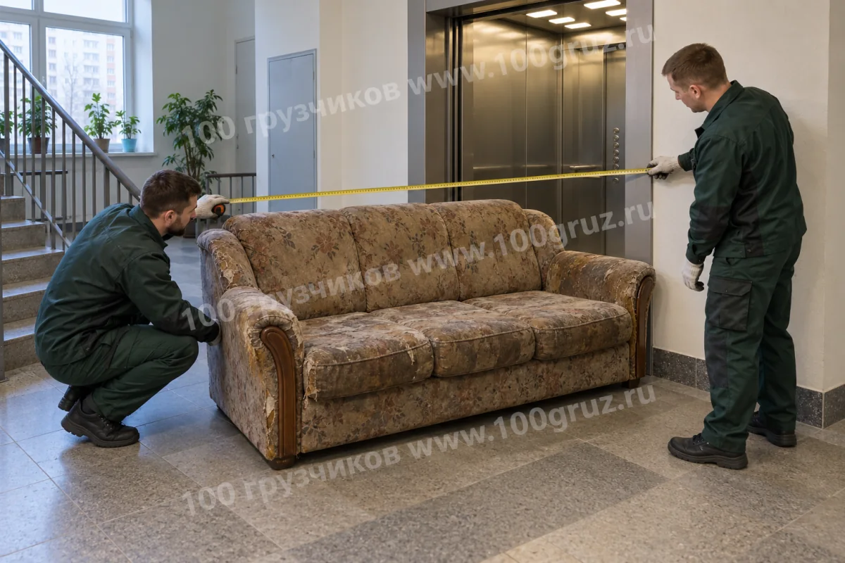 Грузчики сравнивают размеры старого дивана с проёмом лифта