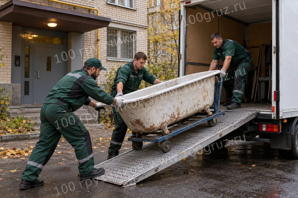 Грузчики закатывают старую чугунную ванну на тележке по трапу в машину