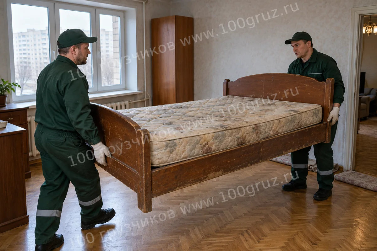 Грузчики выносят каркас старой двуспальной кровати и матрас из комнаты