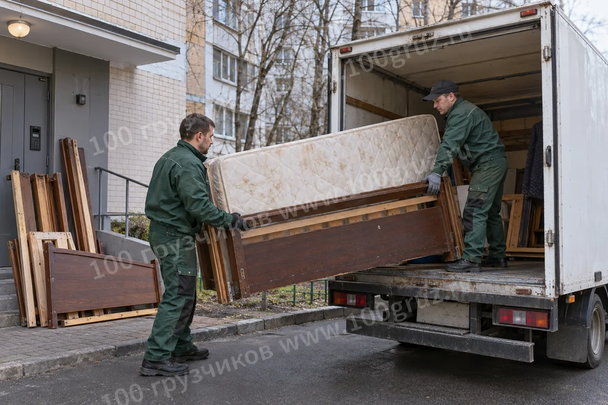 Грузчики загружают разобранную кровать и старый матрас в машину