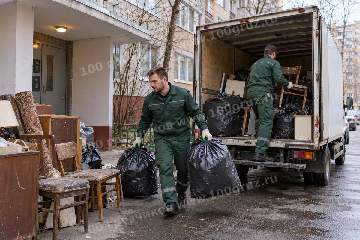 Грузчики загружают мешки с ненужными вещами и старые стулья в машину