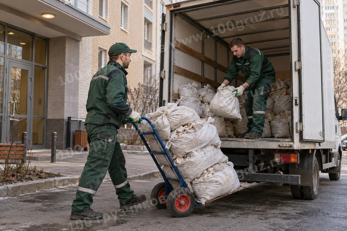 Грузчики загружают закрытые мешки со строительным мусором в машину