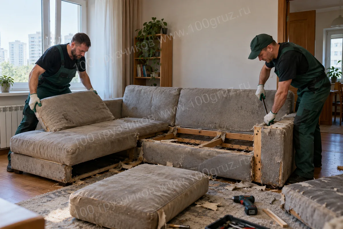 Грузчики разделяют старый угловой диван на модули в комнате