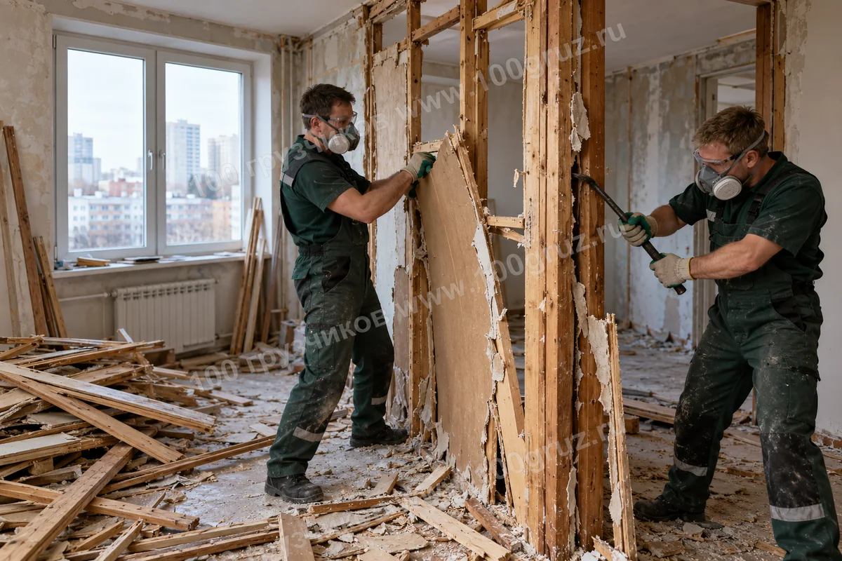 Работники разбирают старую ненесущую перегородку в квартире перед ремонтом