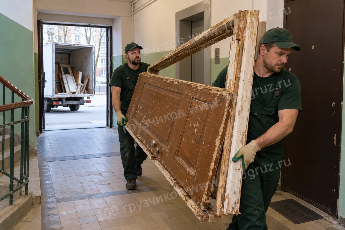 Грузчики выносят снятую деревянную дверь и старую коробку из квартиры
