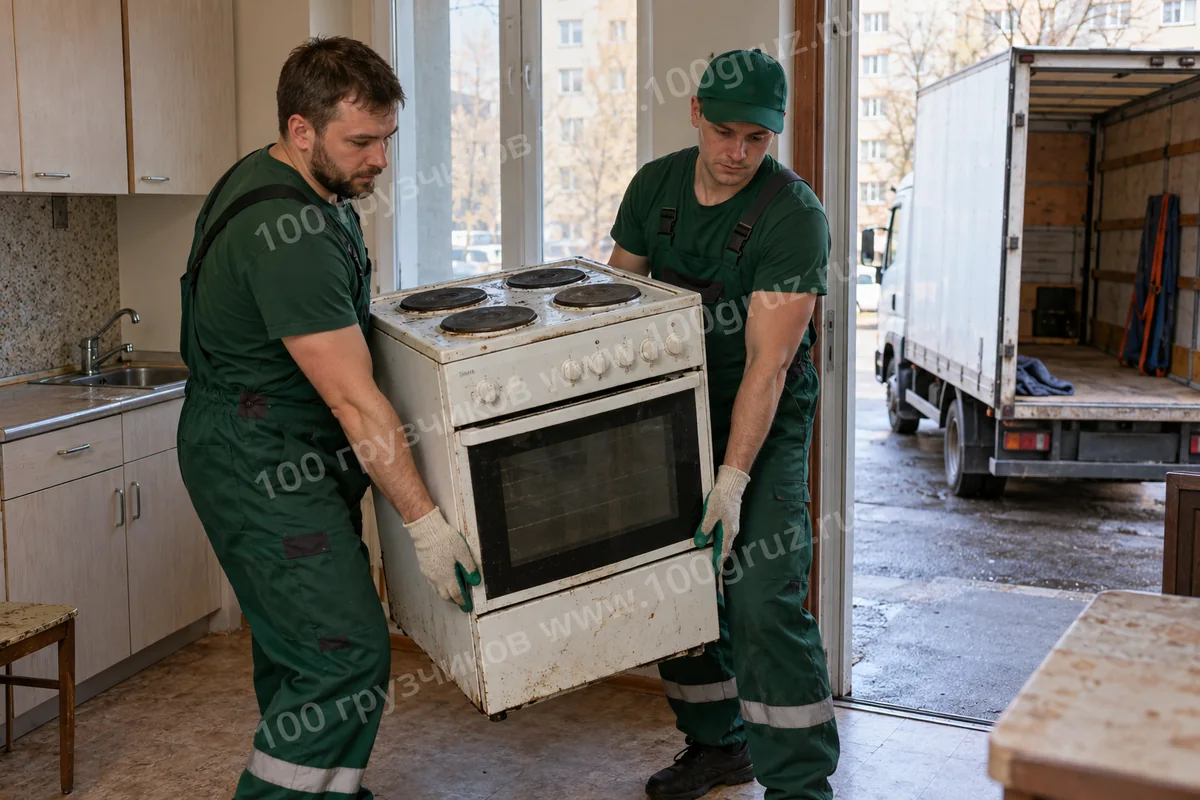 Грузчики выносят отключённую старую электроплиту с круглыми конфорками из кухни