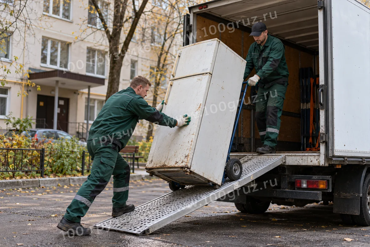 Грузчики загружают старый холодильник в фургон по трапу, сохраняя вертикальное положение