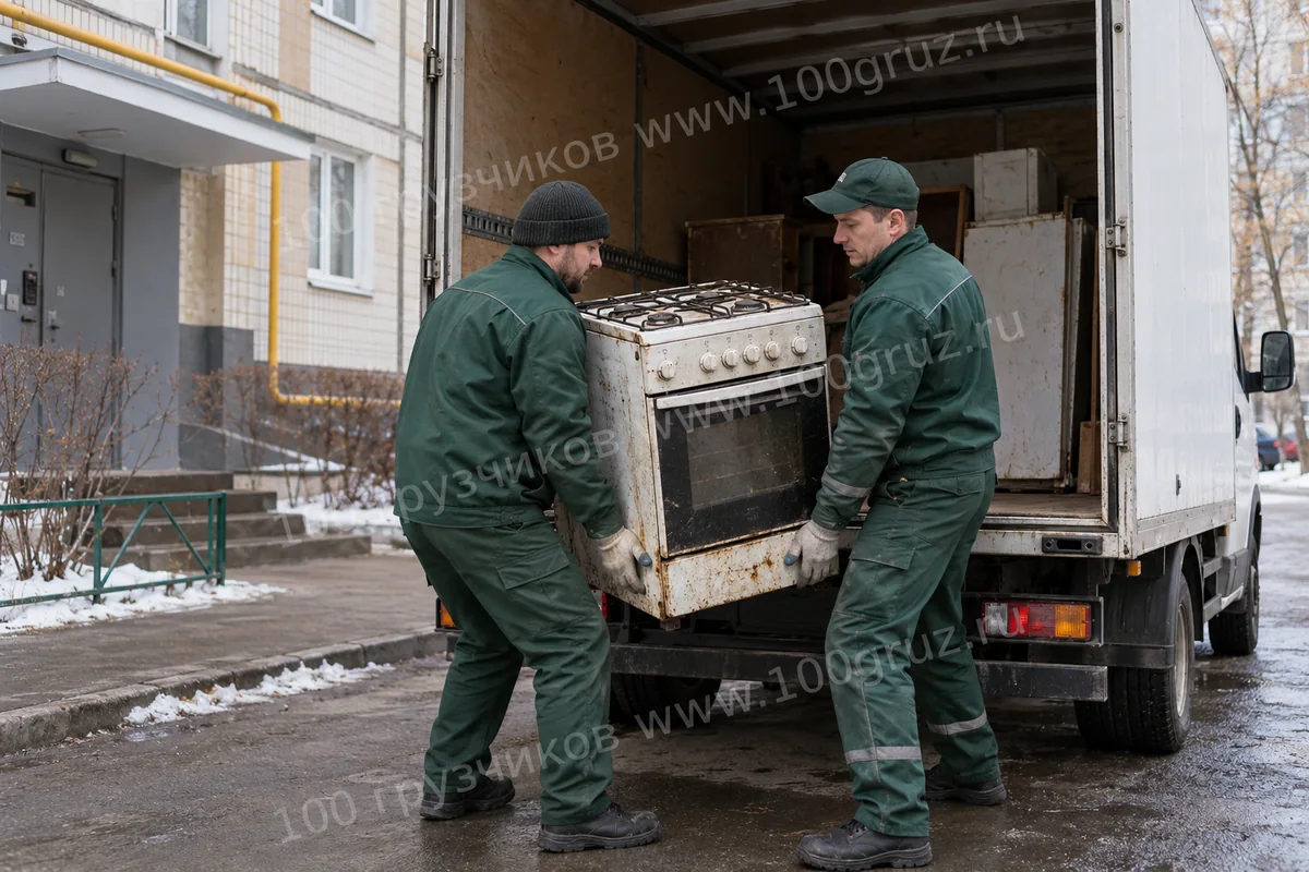 Грузчики загружают отключённую старую газовую плиту в машину