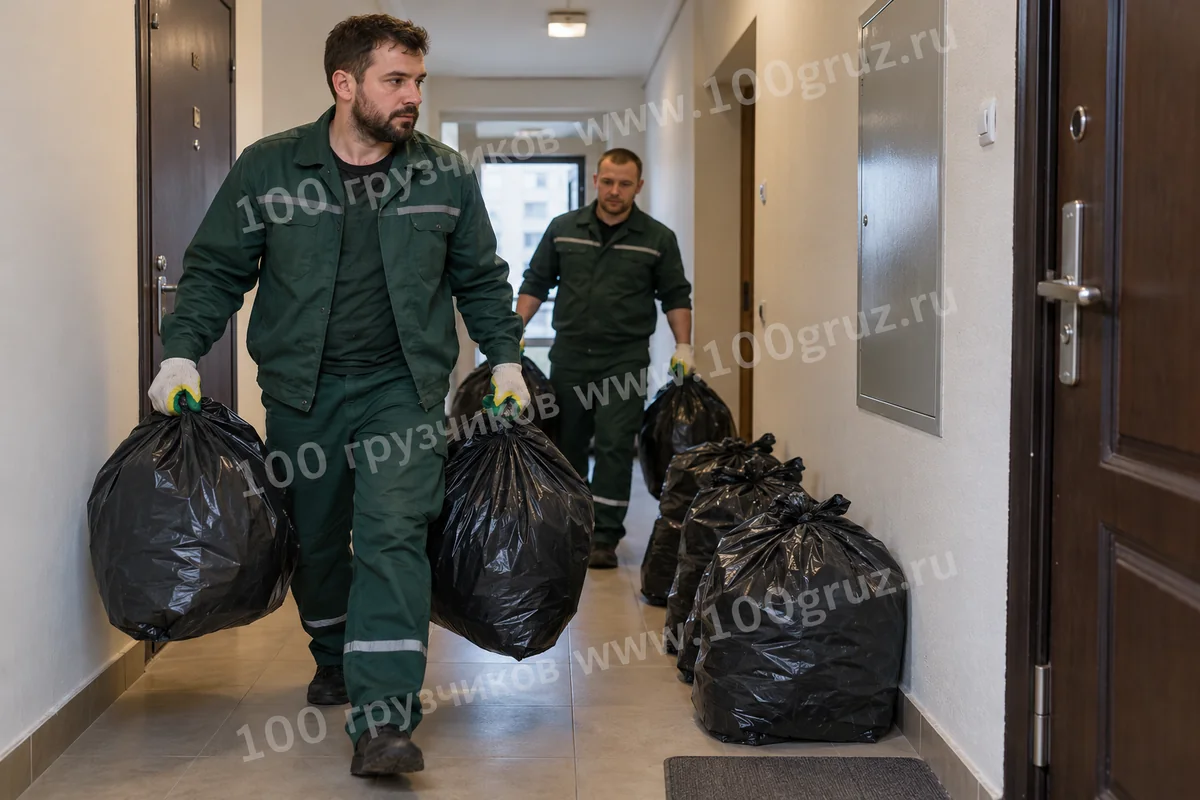 Грузчики переносят мешки по коридору к выходу