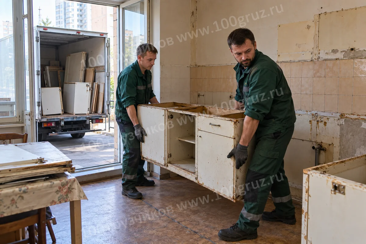 Грузчики снимают старые кухонные шкафы после отключения коммуникаций