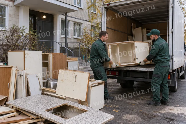 Грузчики загружают старую кухонную мебель в машину