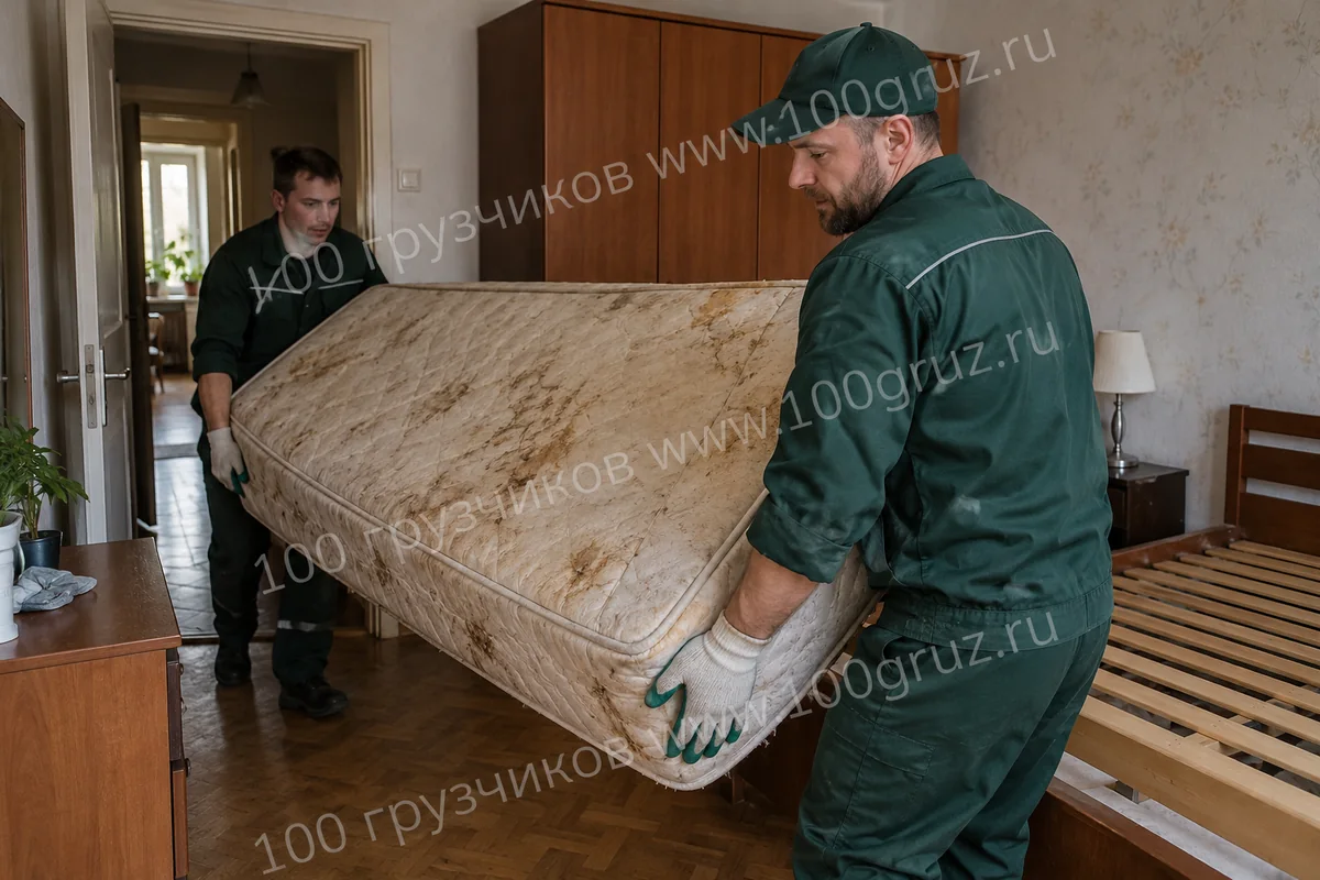 Двое грузчиков выносят старый двуспальный матрас из спальни