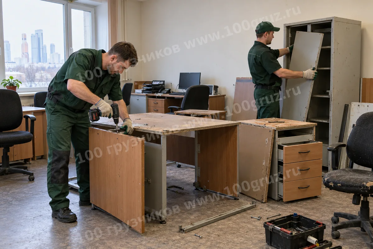Грузчики разбирают старые офисные столы и шкаф для документов в офисе