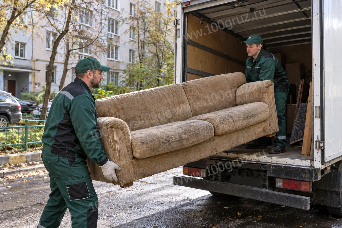 Грузчики загружают старый диван в грузовую машину во дворе дома