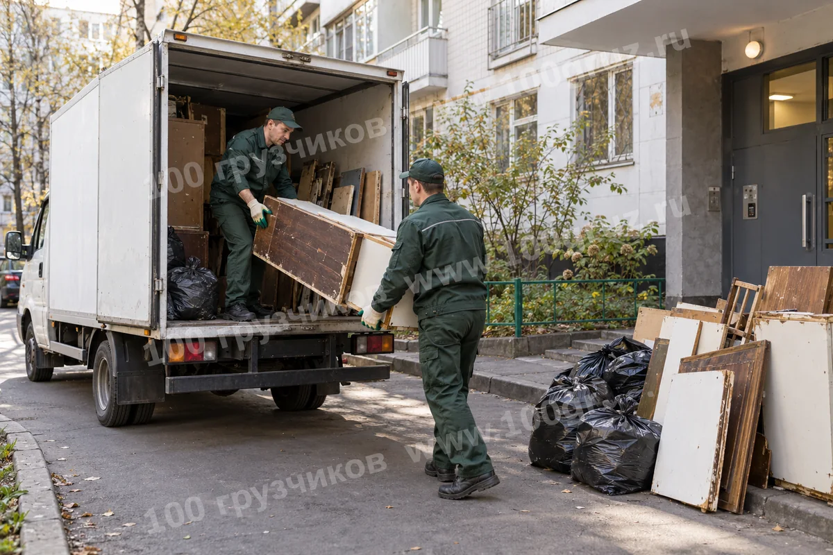 Грузчики загружают старую мебель и мешки в фургон у подъезда дома