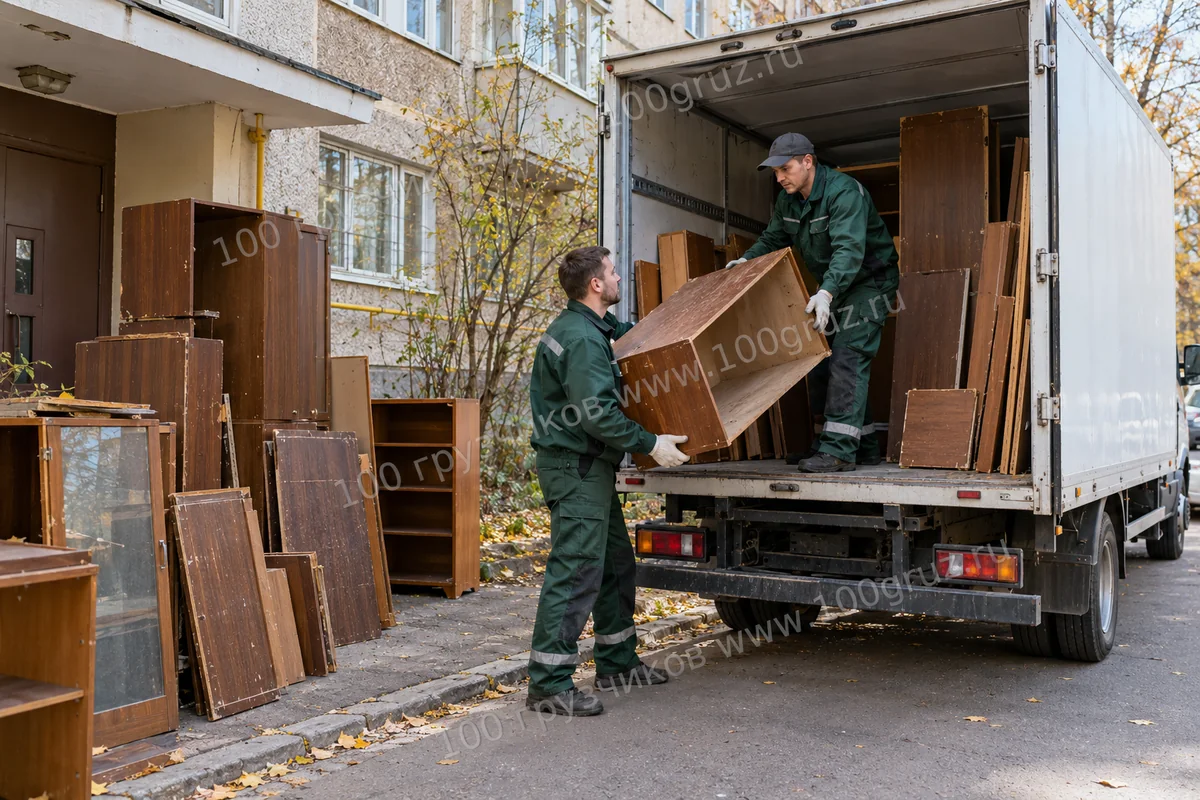Грузчики загружают секции разобранной мебельной стенки в машину