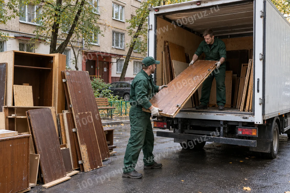 Грузчики загружают панели и двери разобранного шкафа в машину