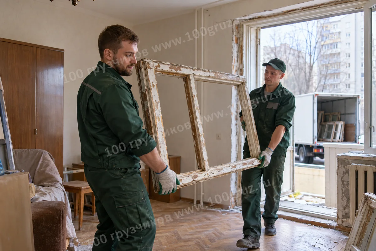 Грузчики выносят старую деревянную оконную раму после замены окна